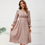 Ditsy Floral Print Lace Collar Long Sleeve Ruffle Cuff A-Line Midi Dress