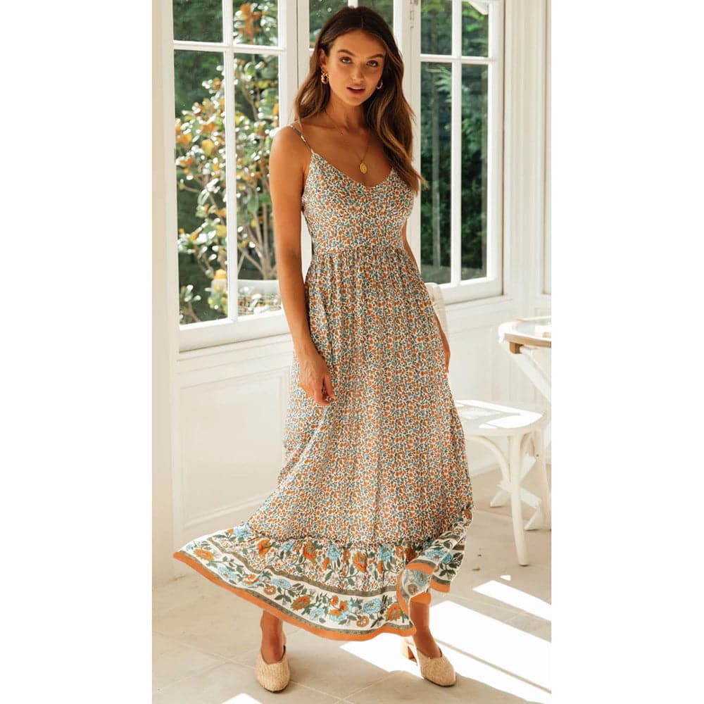 Ditsy Floral Print Border Trim Spaghetti Strap Maxi Dress