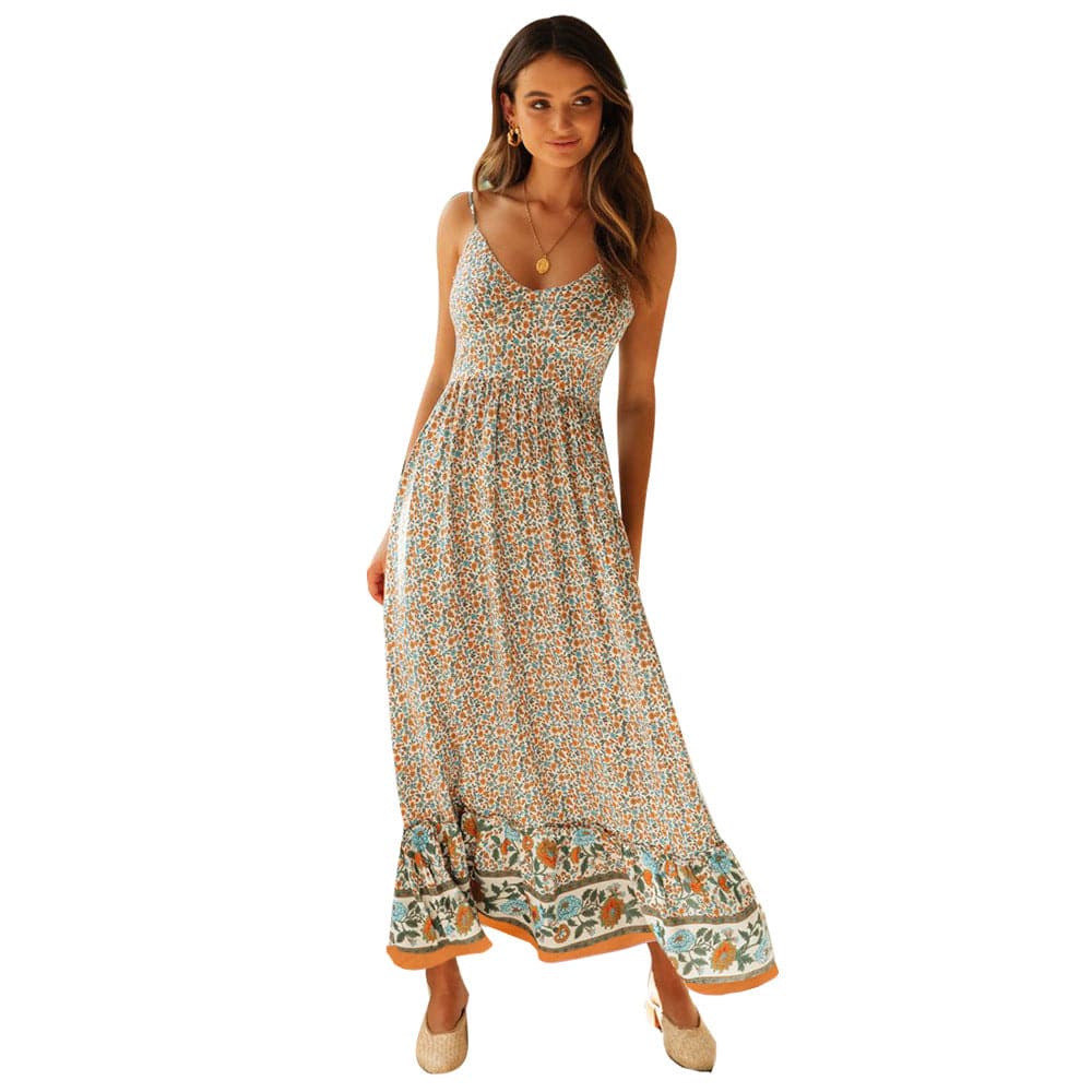 Ditsy Floral Print Border Trim Spaghetti Strap Maxi Dress