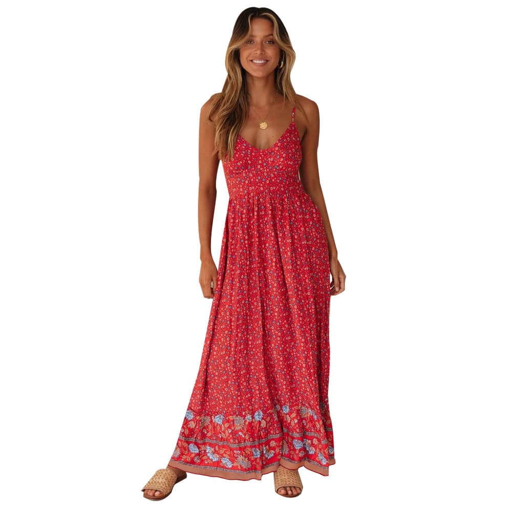 Ditsy Floral Print Border Trim Spaghetti Strap Maxi Dress