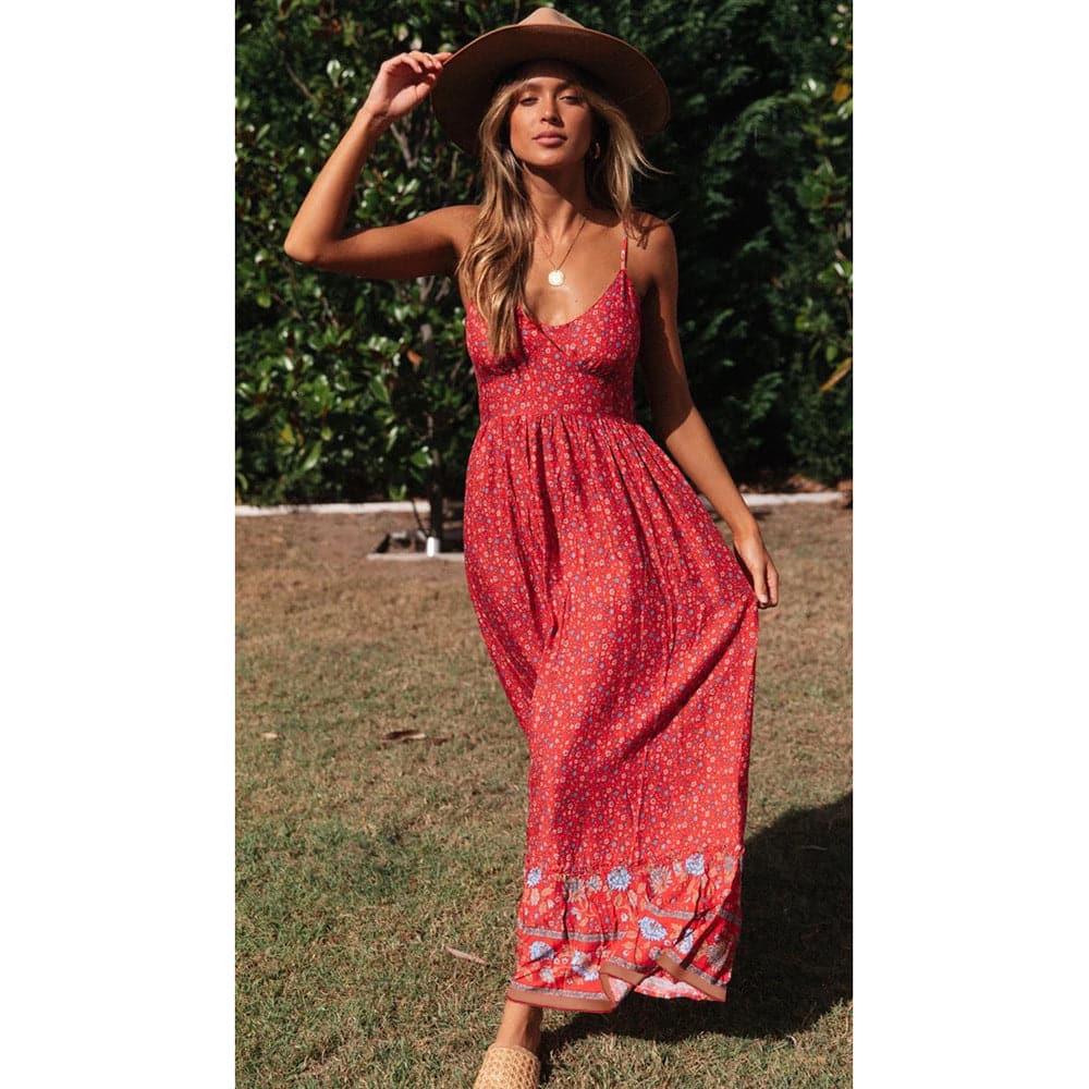 Ditsy Floral Print Border Trim Spaghetti Strap Maxi Dress