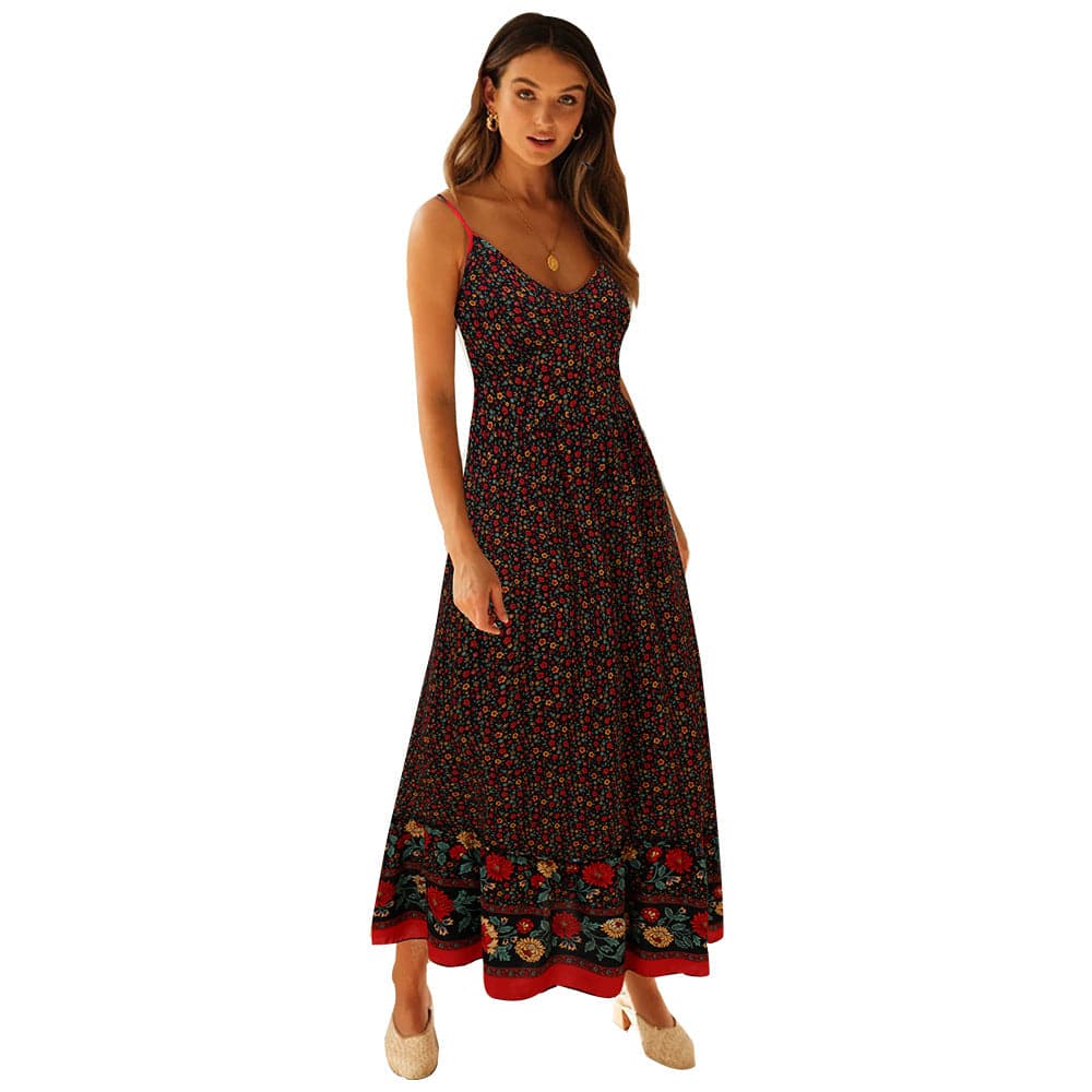 Ditsy Floral Print Border Trim Spaghetti Strap Maxi Dress