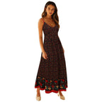 Ditsy Floral Print Border Trim Spaghetti Strap Maxi Dress