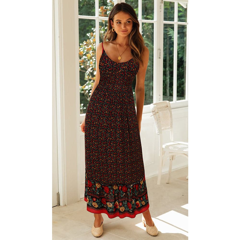 Ditsy Floral Print Border Trim Spaghetti Strap Maxi Dress