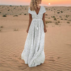 Polka Dot V-Neck Drawstring Tassel Empire Waist Tiered Maxi Dress