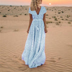 Polka Dot V-Neck Drawstring Tassel Empire Waist Tiered Maxi Dress