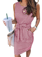 Crew Neck Sleeveless Horizontal Stripe Tie Waist Pocket Tank Mini Dress