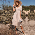 Deep V-Neck Button Front Tie Cuff Short Sleeve Linen Midi Dress