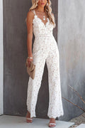 Solid V Neck Waisted Cami Lace Jumpsuit