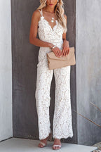 Solid V Neck Waisted Cami Lace Jumpsuit