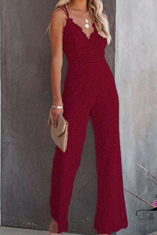 Solid V Neck Waisted Cami Lace Jumpsuit