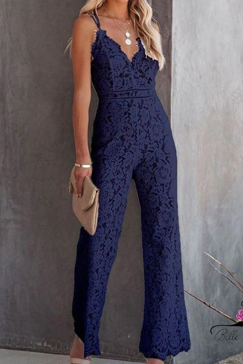 Solid V Neck Waisted Cami Lace Jumpsuit