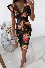 Ruffle V Neck Sleeveless High Waist Printed Dress