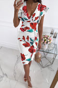 Ruffle V Neck Sleeveless High Waist Printed Dress