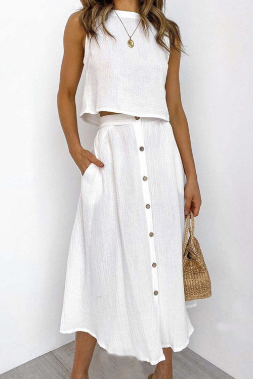 Sleeveless Crop Top and Button Down Skirt Cotton Linen Two Pieces