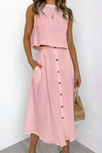 Sleeveless Crop Top and Button Down Skirt Cotton Linen Two Pieces