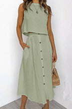 Sleeveless Crop Top and Button Down Skirt Cotton Linen Two Pieces