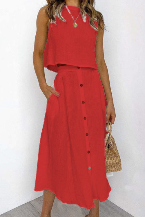 Sleeveless Crop Top and Button Down Skirt Cotton Linen Two Pieces
