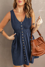 V Neck Button Down Sleeveless Waisted Dress