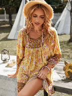 Boho Tunic Dress for Women - Floral Print V Neck 3/4 Lantern Sleeve Loose Mini Dress - Summer Garden Party Beach Outfit 2026