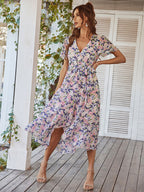 Floral Wrap Midi Dress for Women - Short Ruffle Sleeve High-Low Printed Dress - Summer Garden Wedding Guest Wear 2026