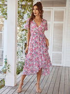 Floral Wrap Midi Dress for Women - Short Ruffle Sleeve High-Low Printed Dress - Summer Garden Wedding Guest Wear 2026