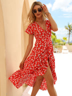 Floral Wrap Midi Dress for Women - Short Sleeve Ruffle Hem High-Low - Summer Beach Wedding Guest Outfit 2026