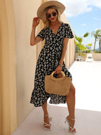 Floral Wrap Midi Dress for Women - Short Sleeve Ruffle Hem High-Low - Summer Beach Wedding Guest Outfit 2026