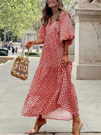 Boho Maxi Smock Dress for Women - Tiered Floral V Neck Lantern Sleeve Long Dress - Summer Beach Holiday 2026