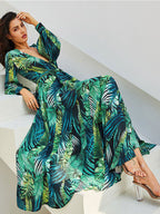 Tropical Maxi Dress for Women - Leaf Printed V Neck Lantern Sleeve Wrap Dress - Summer Beach Party 2026