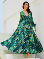 Tropical Maxi Dress for Women - Leaf Printed V Neck Lantern Sleeve Wrap Dress - Summer Beach Party 2026