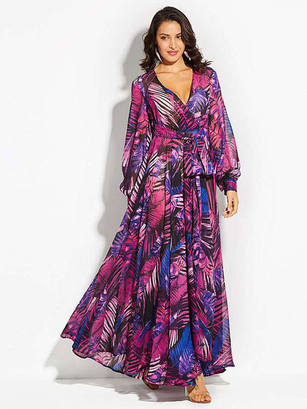 Tropical Maxi Dress for Women - Leaf Printed V Neck Lantern Sleeve Wrap Dress - Summer Beach Party 2026
