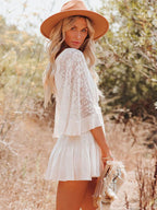 Boho Lace Eyelet Mini Dress for Women - Bell Sleeve V Neck Backless Dress - Beach Resort Music Festival 2026