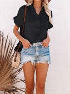 Shirt For Women Black Turndown Collar Casual Buttons Short Sleeves Tops