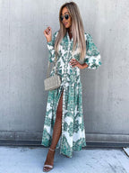 Baroque Emblem Maxi Dress for Women - Scroll Print V Neck Lantern Sleeve High Slit Dress - Spring Resort Wedding Guest 2026