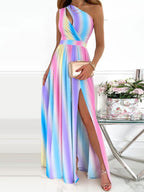 Printed Maxi Dress One-Shoulder Cutout High-Slit Prom Dresses
