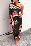 One Shoulder Waisted Side Split Printed Dress