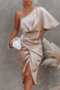 Sparkly One Shoulder Ruched Slit Party Dress