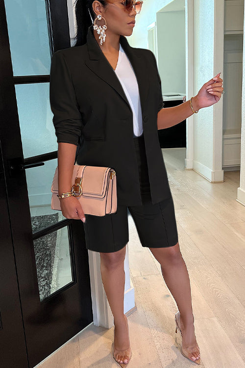 Solid Long Sleeve Blazer and Shorts Office Set
