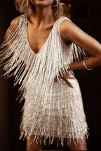 Tassel V Neck Sleeveless Glitter Pencil Dress