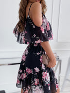 Skater Dresses Floral Print Straps Neck Pink Sexy Half Sleeves Fit And Flare Dress