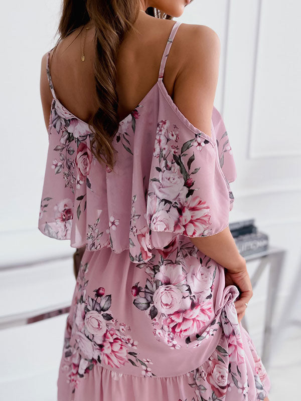 Skater Dresses Floral Print Straps Neck Pink Sexy Half Sleeves Fit And Flare Dress