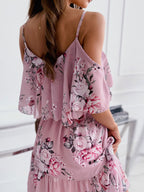 Skater Dresses Floral Print Straps Neck Pink Sexy Half Sleeves Fit And Flare Dress
