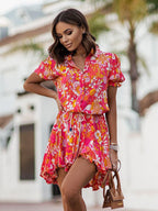 Vibrant Floral Shirt Dress for Women - Puff Sleeve Belted Mini Skater Dress - Summer Casual Vacation 2026