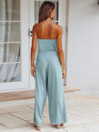 Light Sky Blue Jumpsuit Sleeveless Lace Up Backless Wide Summer Playsuit