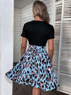 Leopard Print Mini Dress for Women - Jewel Neck A-line Short Sleeve Tie Waist Skater Dress - Summer Casual Streetwear 2026