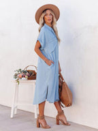 Light Sky Blue Boho Shirt Dress for Women - Short Sleeves Button Down Loose Midi Dress - Summer Casual Everyday 2026