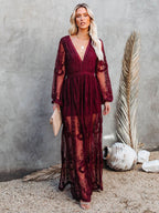 Sheer Lace Maxi Dress for Women - Boho V Neck Mesh Lantern Sleeve Split Gown - Summer Beach Wedding 2026