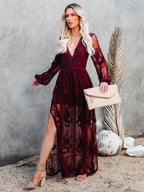 Sheer Lace Maxi Dress for Women - Boho V Neck Mesh Lantern Sleeve Split Gown - Summer Beach Wedding 2026