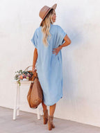 Light Sky Blue Boho Shirt Dress for Women - Short Sleeves Button Down Loose Midi Dress - Summer Casual Everyday 2026